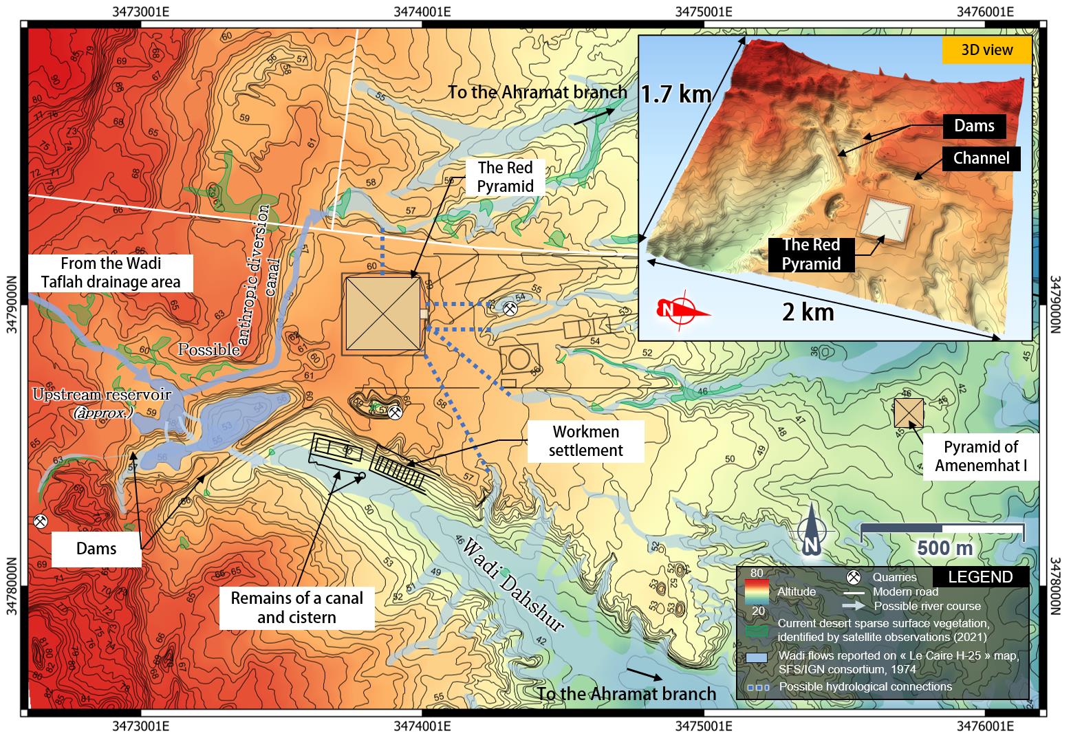 Topographical map of the Dahshur Plateau showing the Red Pyramid, the two possible dams and the proposed hydraulic corridor