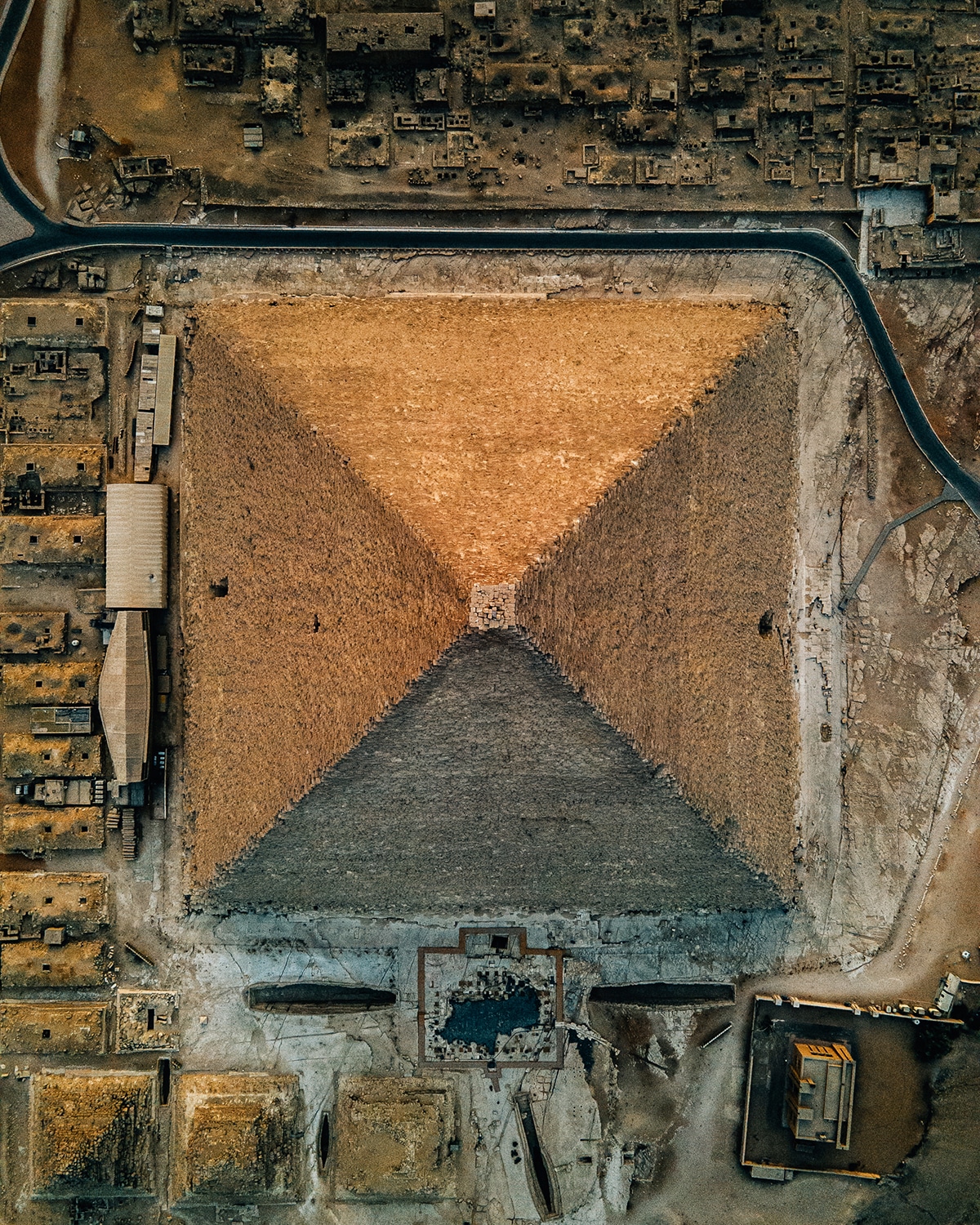 Aerial view directly above the Great Pyramid of Giza